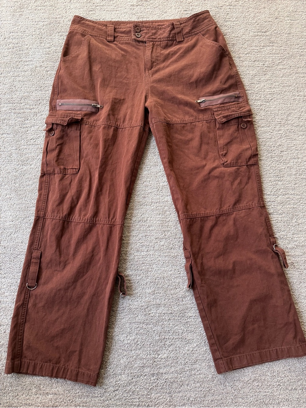 Y2K Vintage Brown Cargo Pants Low Rise Utility Multi Pocket Straps L - Picture 4 of 7